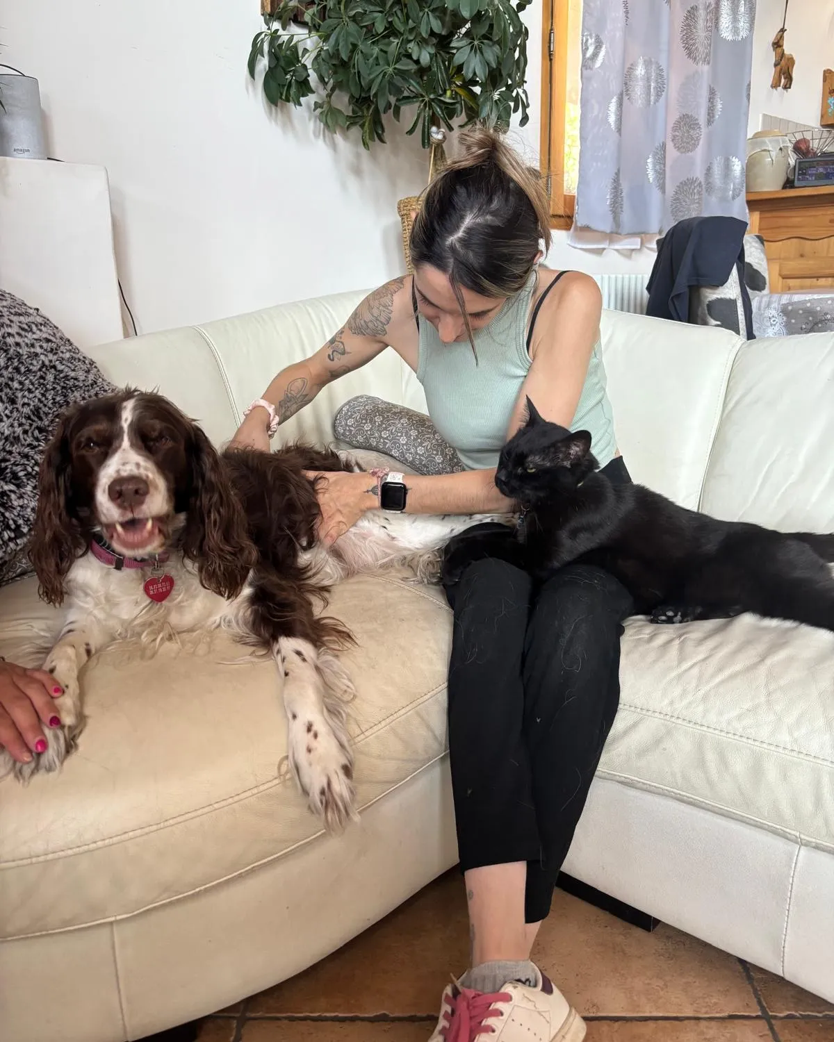Isabelle Fourcade en séance avec un chat calme, posé sur un plaid